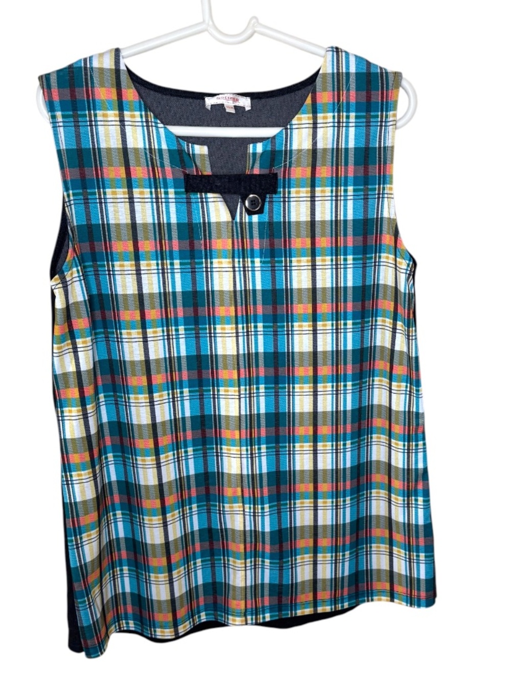 Grenier XL Sleeveless Plaid Blouse Blue Teal Multicolor Career Office Top
